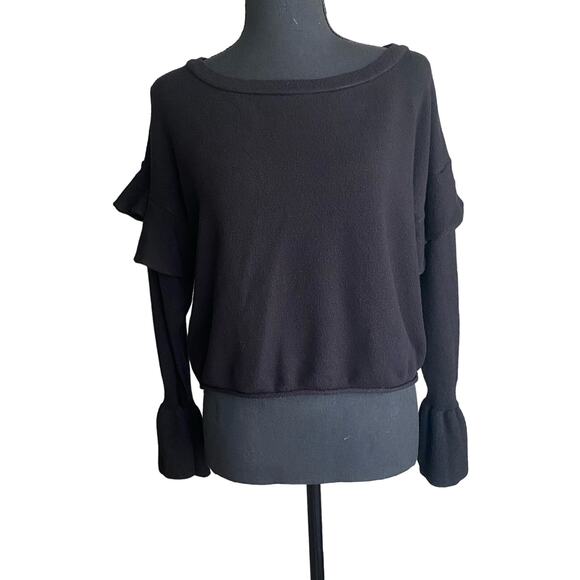 Zara Knit Black Flounce Sweater Bell Cuff Ruffle Shoulder Black Women Size Small - Picture 1 of 12